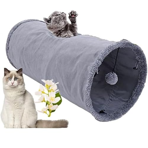 Katzentunnel Katzenspielzeug Wildleder,Cat Tunnel mit Ball faltbar, leicht zu waschen und zu Trocknen Faltbar Spieltunnel Rascheltunnel für Katzen und kleine Tiere (S,Grau) von Gehanico