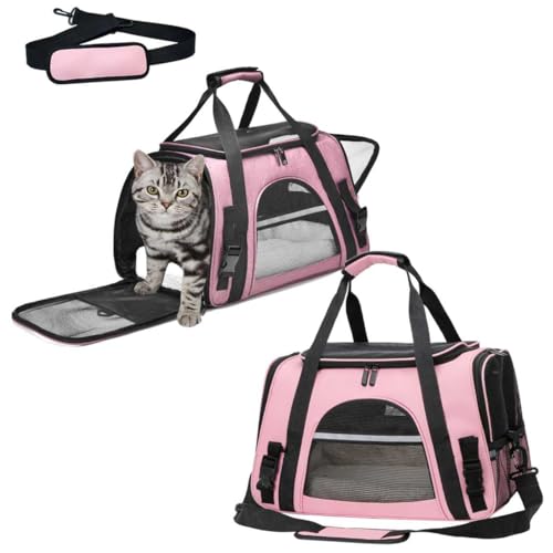 Transporttasche für Katze Hund Katzentransportbox Atmungsaktive Hundebox Faltbar Haustier Transporttasche Mit Schultergurt Verstellbarem Katzenrucksack Plüschmatratze FüR Reisen Auto Flugzeug (pink) von Gehanico