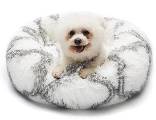 Geizire 61 cm Katzenbett Hundebett für Katzen, kleine/mittelgroße Hunde, waschbar, Donut, beruhigend, rund, weich, flauschig, warm und gemütlich, Anti-Angst-Kuschel, Haustierbett (Medium, Grau Weiß) von Geizire