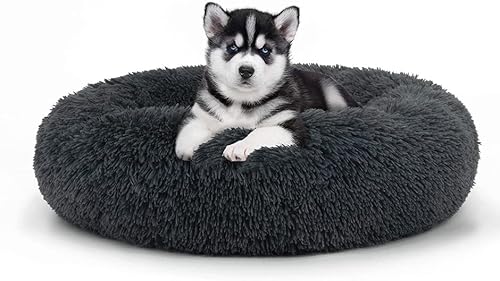 Geizire 61 cm Katzenbett Hundebett für Katzen, kleine/mittelgroße Hunde, waschbar, Donut, beruhigend, rund, weich, flauschig, warm und gemütlich, Anti-Angst-Kuschel, Haustierbett (Medium, Schwarz) von Geizire