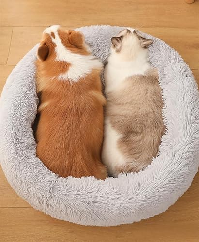 Geizire 70.1 cm Katzenbett Hundebett für Katzen, kleine/mittelgroße Hunde, waschbar, Donut, beruhigend, rund, weich, flauschig, warm und gemütlich, Anti-Angst-Kuschel, Haustierbett (XL, Grau) von Geizire