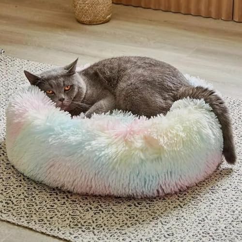 Geizire Katzenbett, Hundebett für Katzen, kleine/mittelgroße Hunde, waschbar, Donut, beruhigend, rund, weich, flauschig, warm und gemütlich, Anti-Angst-Kuschel, Haustierbett (Medium, Regenbogen) von Geizire