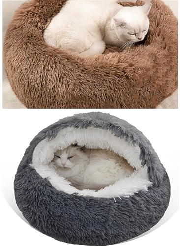 Geizire Kleines Hundebett und Katzenbett, rundes Donut-beruhigendes Katzenbett, Anti-Angst-Höhlenbett mit Kapuze für Wärme und Sicherheit, maschinenwaschbar, wasser-/schmutzabweisende Unterseite (nur von Geizire