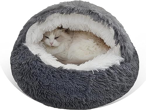 Geizire Kleines Hundebett und Katzenbett, rundes Donut-beruhigendes Katzenbett, Anti-Angst-Höhlenbett mit Decke mit Kapuze für Wärme und Sicherheit, maschinenwaschbar, wasser- und schmutzabweisende von Geizire