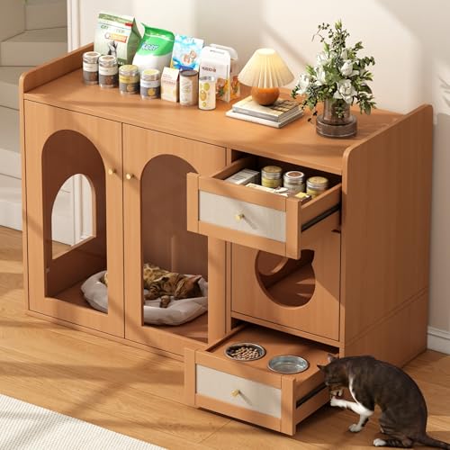 5-in-1 Multifunktions-Katzenhaus in Nussbaumfarbe - Versteckter Platz für Katzenklo, Futternapf-Schublade, Katzenbett, Aufbewahrung & Sideboard - Für mehrere Katzen, 120x45x83cm von Gelukueub