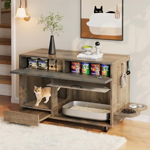 Bewegbarer Katzenkloschrank (Katzentoilettenschrank) – mit Katzenfuttertellern, Sandauffangschale, Lochplatte mit Hakenlöchern, ohne Katzenklo, 100×45,5×67 cm (antikgrau-braune Farbe, Eichenholzfarbe) von Gelukueub