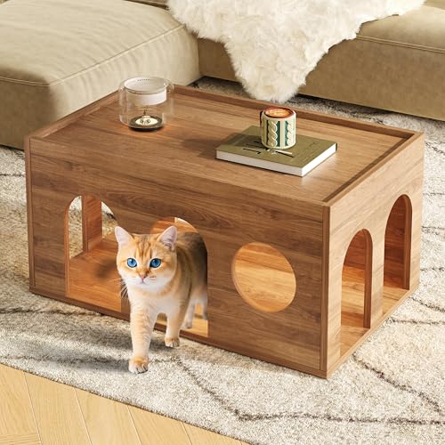 Haustierfreundlicher Nussbaum-Couchtisch mit Katzenlöchern, 80 * 50 * 40 cm, natürliches Nussbaum-Finish – perfekt für modernes Wohnzimmer und Menschen-Tier-Interaktion von Gelukueub