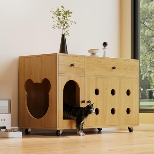 Katzenkloschrank (bewegliche Katzentoilette) – Katzenschrank/Katzenhaus mit abnehmbare Sandablassplatte, geruchsisoliert, ohne Katzenklo, 100×45×66 cm (Naturholzfarbe, Gelbmaplefarbe) von Gelukueub