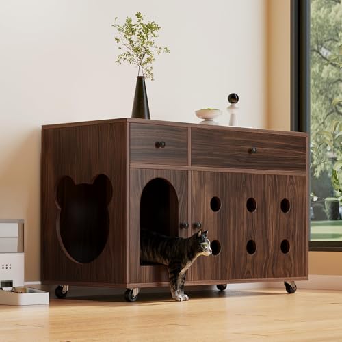 Katzenkloschrank (bewegliche Katzentoilette) – Katzenschrank/Katzenhaus mit abnehmbare Sandablassplatte, geruchsisoliert, ohne Katzenklo, 100×45×66 cm (Nussbaumfarbe) von Gelukueub
