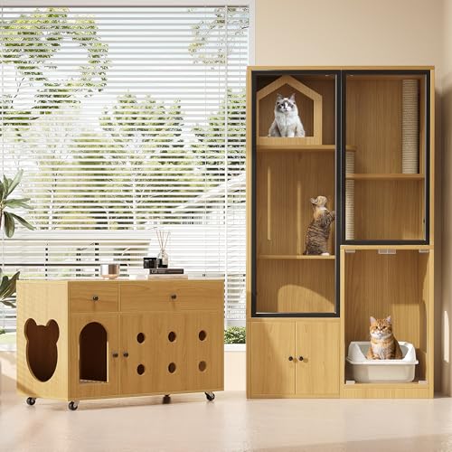 Katzenvilla + Katzentoilette-Schrank, Haustiermöbel-Set, Glas-Katzenhaus, Katzenstreu-Schrank, für mehrere Katzen geeignetes Möbel, Gelbe Ahornholzfarbe von Gelukueub