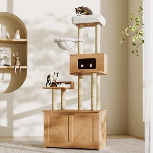 Kratzbaum, Katzenklo-Schrank, moderner Katzenturm für Wohnungskatzen, mit großer Plattform, Futterstation und 1 Hängematte, All-in-one Katzenmöbel, nussbaumfarben,80 * 50 * 173cm von Gelukueub