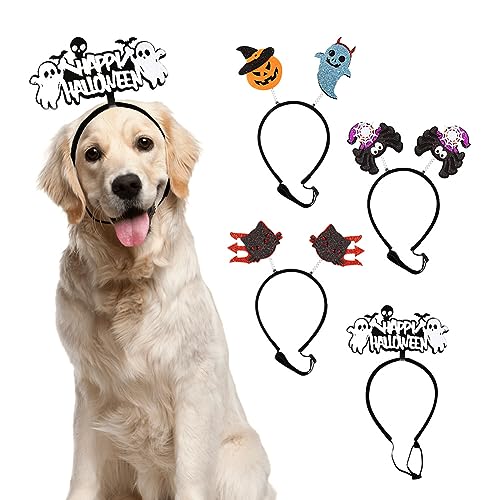 Hund Halloween Stirnband, Halloween Haarreifen 4 Stück,Geist Spinne Hexe Katze Dreizack Kürbis Haarbänder Hund Zubehör Haustier Kopfschmuck für Halloween Party Hund Fancy Kleid Kostüm Cosplay Hund Halloween Stirnband, Halloween Haarreifen 4 Stück,Geist Spinne Hexe Katze Dreizack Kürbis Haarbänder Hund Zubehör Haustier Kopfschmuck für Halloween Party Hund Fancy Kleid Kostüm Cosplay von Geluode