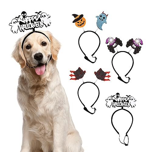 Hund Halloween Stirnband, Halloween Haarreifen 4 Stück,Geist Spinne Hexe Katze Dreizack Kürbis Haarbänder Hund Zubehör Haustier Kopfschmuck für Halloween Party Hund Fancy Kleid Kostüm Cosplay von Geluode