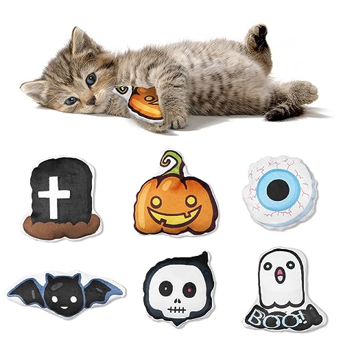 Geluode Katzenspielzeug, Halloween Horrible Cat Toys 6 Stück,Friedhof Schädel Geist Fledermaus Auge Kürbis Plüsch Katzen Spielzeug für Indoor Haustier Katzen Erwachsene Kätzchen Spiele Zähne Kauen Geluode Katzenspielzeug, Halloween Horrible Cat Toys 6 Stück,Friedhof Schädel Geist Fledermaus Auge Kürbis Plüsch Katzen Spielzeug für Indoor Haustier Katzen Erwachsene Kätzchen Spiele Zähne Kauen von Geluode