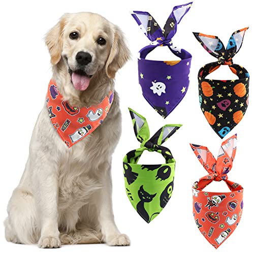 Halloween-Hundehalstücher, 4 Stück, dreieckige Schals für Hunde, verstellbarer Premium-strapazierfähiger Stoff, Kürbis-Geist, Hexe, Horror, Urlaub, mittelgroße und große Hunde, Katzen Haustiere Halloween-Hundehalstücher, 4 Stück, dreieckige Schals für Hunde, verstellbarer Premium-strapazierfähiger Stoff, Kürbis-Geist, Hexe, Horror, Urlaub, mittelgroße und große Hunde, Katzen Haustiere von Geluode
