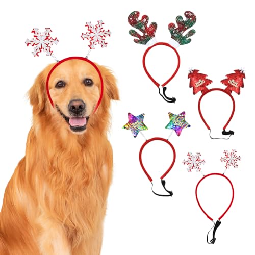 Hund Weihnachten Stirnband,Haustier Haar Reifen 4 Stück,Weihnachtsbaum Schneeflocken Elch Sterne Haarbänder Hund Zubehör Haustier Kopfschmuck für Glückliches Neues Jahr Hund Fancy Kleid Kostüm Cosplay von Geluode