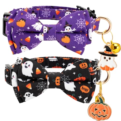 Gelwoo Katzenhalsband aus Baumwolle mit Fliege und Glöckchen für männliche und weibliche Katzen, weich, ausgefallenes Katzenhalsband mit Geist und Kürbis, gemustertes Design für Jungen, Mädchen von Gelwoo
