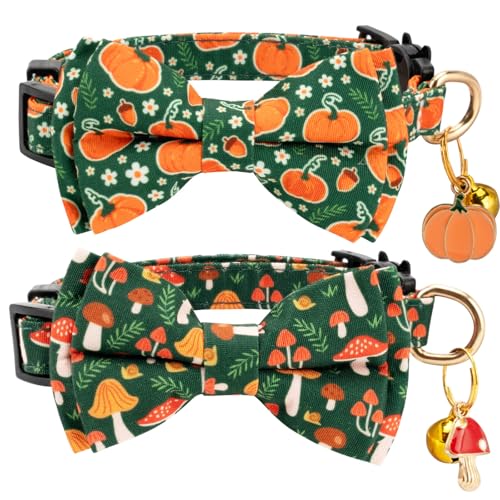 Gelwoo Katzenhalsband aus Baumwolle mit Fliege und Glöckchen für männliche und weibliche Katzen, weich, ausgefallenes Katzenhalsband mit Geist und Kürbis, gemustertes Design für Jungen, Mädchen von Gelwoo