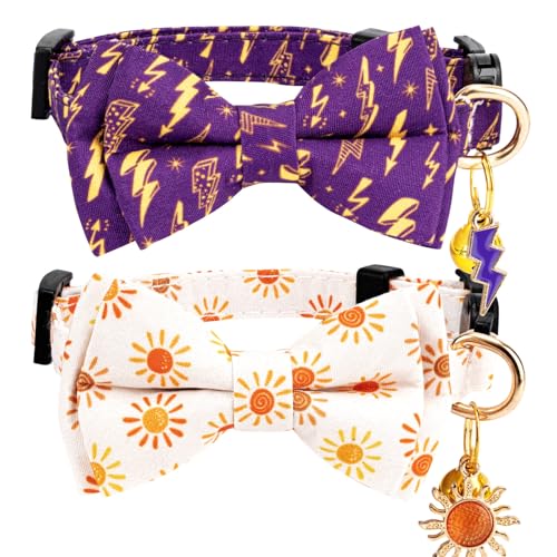 Gelwoo Katzenhalsband mit abnehmbarer Fliege und Glöckchen für Jungen, Mädchen, Katzen, niedliches Baumwoll-Kätzchenhalsband mit violettem Lavendel und rotem Blumenmuster, für weibliche und männliche von Gelwoo