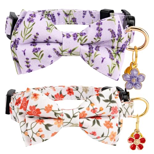 Gelwoo Katzenhalsband mit abnehmbarer Fliege und Glöckchen für Jungen, Mädchen, Katzen, niedliches Baumwoll-Kätzchenhalsband mit violettem Lavendel und rotem Blumenmuster, für weibliche und männliche von Gelwoo