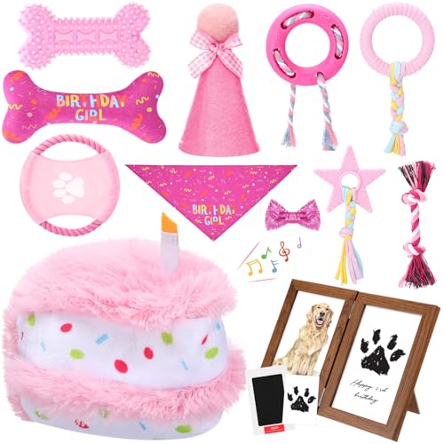 Gemscream 14-teiliges Hunde-Geburtstagsgeschenk-Set, Hundegeburtstagskuchen, Welpen, interaktives Quietschspielzeug, Dekorationen für kleine, mittelgroße und große Haustiere, Partyzubehör (Rosa) von Gemscream