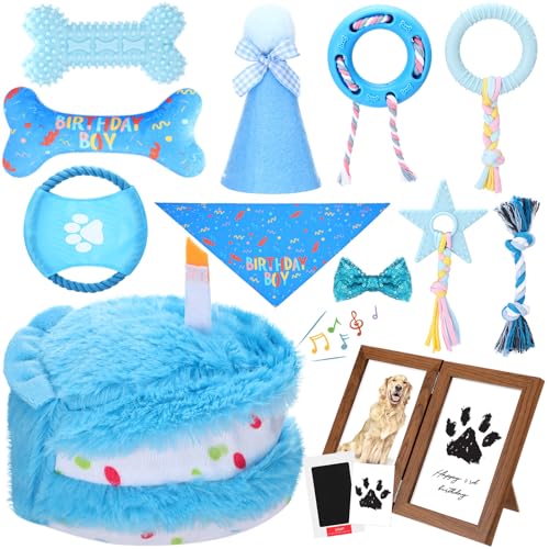 Gemscream 14-teiliges Hunde-Geburtstagsgeschenk-Set, Hundegeburtstagskuchen, Welpen, interaktives Quietschspielzeug, Dekorationen für kleine, mittelgroße und große Haustiere, Partyzubehör (blau) von Gemscream