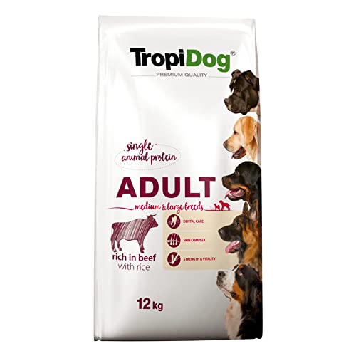 Premium Trockenfutter für Hunde, reich an Rindfleisch mit Reis, für Erwachsene mittlerer und großer Rassen, 12 kg von Tropidog