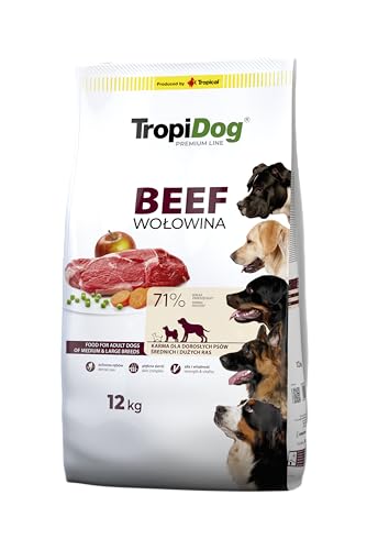 Premium Trockenfutter für Hunde, reich an Rindfleisch mit Reis, für Erwachsene mittlerer und großer Rassen, 12 kg von TropiDog