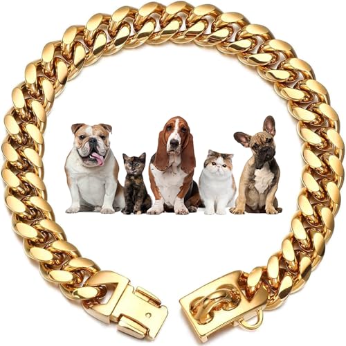 14mm Gold/Silber/Roségold Ketten Halsband Hund, Hundehalsband mit Sicherer Schnalle, Kubanische Gliederkette, Edelstahl Starke Schwerlast kaubeständig Gehtrainingshalsband für Hunde (Gold,26inch) von Generic