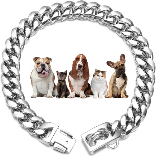 14mm Gold/Silber/Roségold Ketten Halsband Hund, Hundehalsband mit Sicherer Schnalle, Kubanische Gliederkette, Edelstahl Starke Schwerlast kaubeständig Gehtrainingshalsband für Hunde (Silber,26inch) von Generic