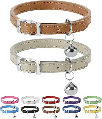 2pcs Katzenhalsbänder aus Leder mit Glöckchen handgefertigt, polierte, langlebige Metallschnalle, verstellbare Haustier Halsbänder für Kätzchen, Welpen,Hunde Katzen XS （15,7 cm bis 23 cm） von Generic