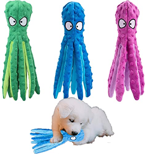 3 Stück Oktopus-Hundespielzeug mit Knisterpapier, kein Füllen, Kauspielzeug für Welpen, weiches und langlebiges Plüsch-Knitter-Spielzeug für kleine, mittelgroße und große Hunde (blau, grün, lila) von Generic