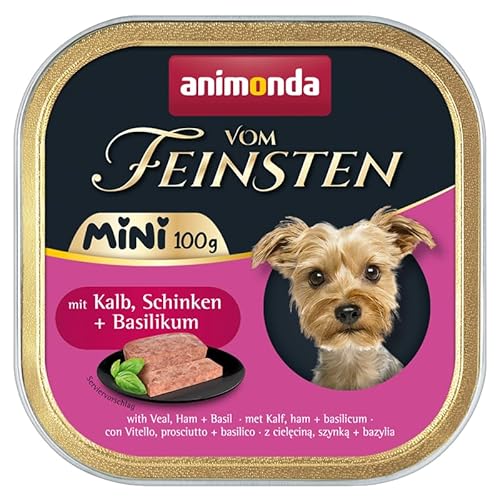 Animonda Vom Feinsten Mini 10 x 100 g Hundefutter | Ohne Getreide, ohne Zucker, ohne Soja | Nassfutter für Hunde | mit leckeren Kräutern (10 x 100 g, Kalb, Schinken + Basilikum) von Generic