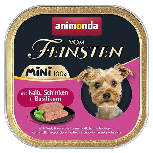 Animonda Vom Feinsten Mini 10 x 100 g Hundefutter | Ohne Getreide, ohne Zucker, ohne Soja | Nassfutter für Hunde | mit leckeren Kräutern (10 x 100 g, Kalb, Schinken + Basilikum) von Generic