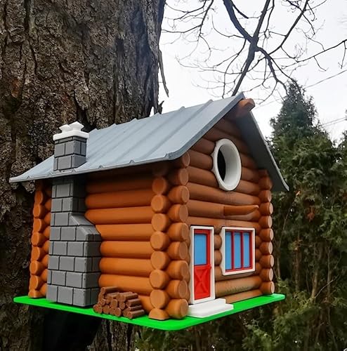 Blockhütte Vogelhaus PETG Konstruktion 21x20x20cm Rustikale Gartendeko Wetterbeständiges Vogelhaus Outdoor mit Putztür von Generic