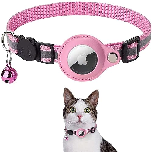 Cat AirTag Halsband - Reflektierendes verstellbares Katzenhalsband mit AirTag-Halterung und Glocke, GPS Katzenhalsband (Rosa) von Generic
