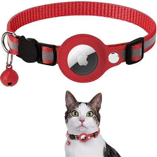 Cat AirTag Halsband - Reflektierendes verstellbares Katzenhalsband mit AirTag-Halterung und Glocke, GPS Katzenhalsband (Rot) von Generic