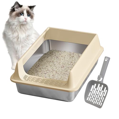 Cat Littering Bowl with Shovel | Stainless Steel High-Sided Kitten Pan with Scoop | Easy-Clean Pet Accessories for Medium & Large Cats | Indoor Balcony, Terrace | Splash-Proof, Cat Litter Solution von Generic