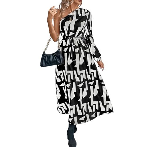 Damen Maxi Kleid Losses FIT Einzigartiger Druck Langarm EIN Schulter Langes Kleid Einkaufsstrandparty (L) von Generic