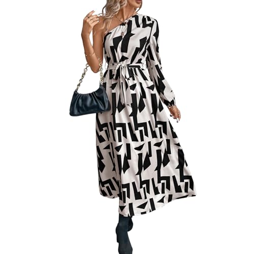 Damen Maxi Kleid Losses FIT Einzigartiger Druck Langarm EIN Schulter Langes Kleid Einkaufsstrandparty (L) von Generic