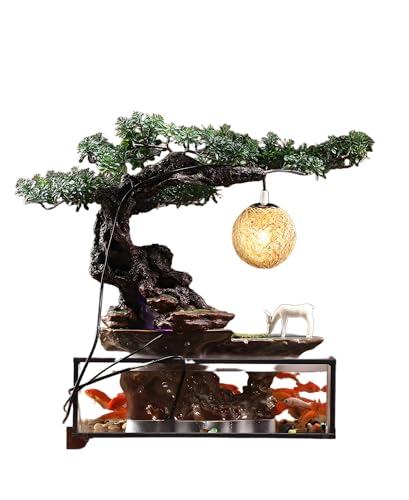 Desktop Zen Aquarium mit fließendem Wasser & LED-Licht - Mini-Fischbecken mit Bonsai-Baum, Kunstharzsteingarten & Wasserrad-Dekor von Generic