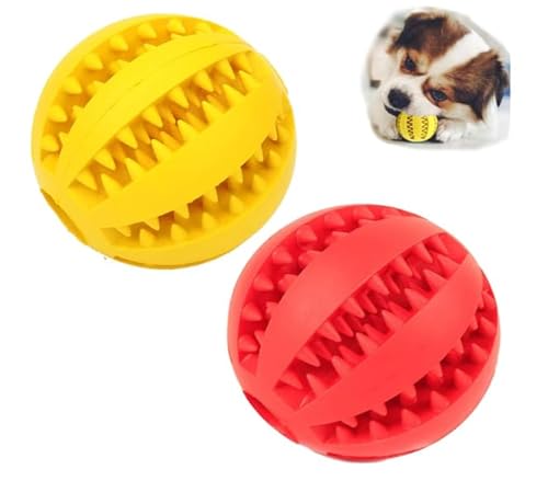 Dog Treat Toy Ball, Dog Tooth Cleaning, Toy Interactive Dog Toys, Dog Puzzle Tething Toys Ball, 2 Stück (Rot & Gelb, 7.0 cm 7cm) von Generic