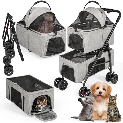 Doppelter Haustier-Kinderwagen mit abnehmbaren Tragetaschen, 2 Hunde oder Katzen, Graphitgrau von Generic