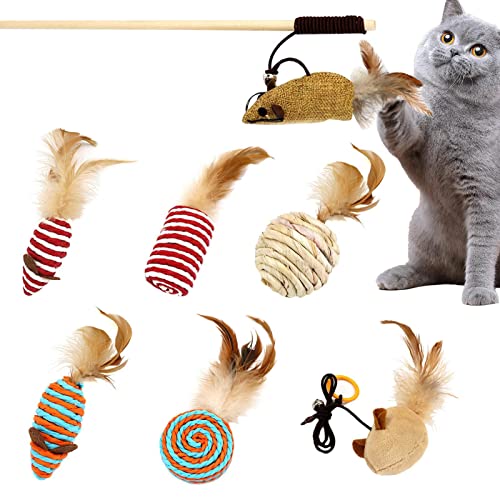 Feather Cat Teaser Spielspielzeug - Pet Exercise Toy Cat Teaser 7 Stück Indoor Cat Wand Interaktives Spielzeug | Kätzchen-Spielzeug, Katzenfeder-Spielzeug, Langer Zauberstab, Spielzeug für von Generic