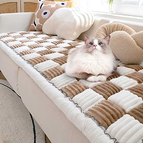 Funnyfuzzy Cream-Coloured Large Plaid Square Pet Mat Bed Couch Cover,Funny Fuzzy Couch Cover,New Machine Washable Cotton Protective Couch Cover,for Dog Cat Floor Non-Slip Blankets (70 * 150cm, Brown) von Generic