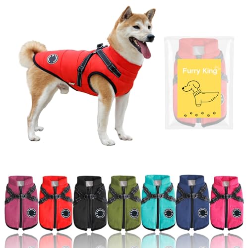 Furry King Hunde-Wintermantel mit Geschirr, 7 Farben, wasserdicht, mit Fleece gefüttert, Rot, Größe XL Furry King Hunde-Wintermantel mit Geschirr, 7 Farben, wasserdicht, mit Fleece gefüttert, Rot, Größe XL von Generic
