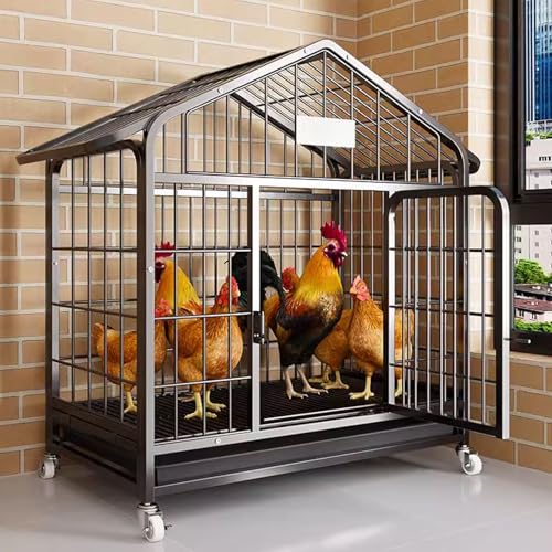 Gehege für Kleintiere Draussen Mit Deckel Und Boden Verschlüsselte Netzfußmatten Wetterfest Hühnerhaus Mit Rädern 3 Größen Auch Als Entenstall Hasenstall(Black,83 * 60 * 93CM) von Generic