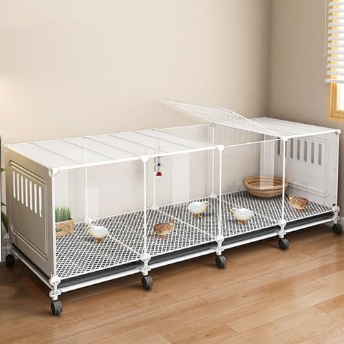 Gehege für Kleintiere Mit Rädern Drahtgitter + PP Freilaufgehege Hühner Klein Transparentes Panel Top Fensterdesign Herausziehbarer Bodenwanne(White,144 * 47 * 45CM) von Generic