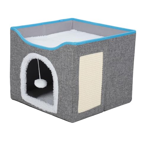 Generic Faltbares Zweistufiges, Zusammen Klappbares Katzen Haus mit Top-Geländer, Gemütliches und Beruhigendes Bett, Multifunktion Aler Haustier-Heim-Schreibtisch für Innen (Dunkelgrau) von Generic
