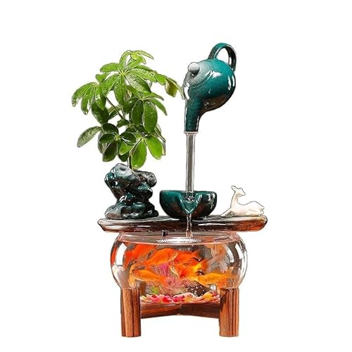 Glas-Fischglas-Brunnen mit LED, Wasserfluss und Keramikornament, Feng Shui Desktop Aquarium mit Pflanztopf für Zuhause/Büro Dekor von Generic